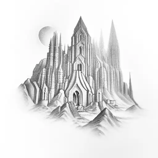 Black And Grey Tattoo Of A Famous Architectural Landmark Surrounded By Mountains