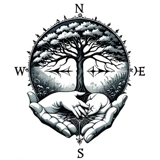 Baby Hand And Women Hand Holding A Tree With Behind A Compass