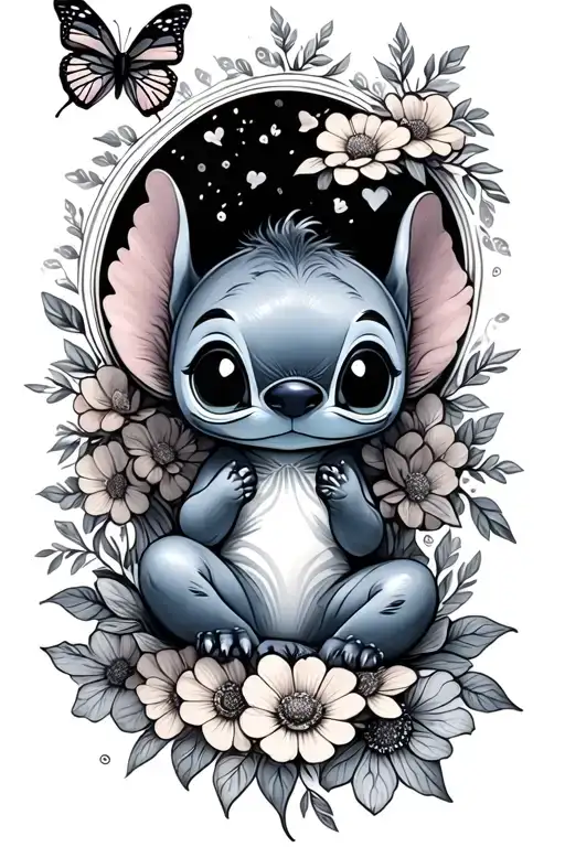 Little Stitch And Flowers And Butterfly Resting