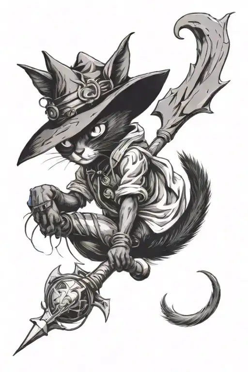 Black Cat In A Witch Had Playing With A Bat Flying
