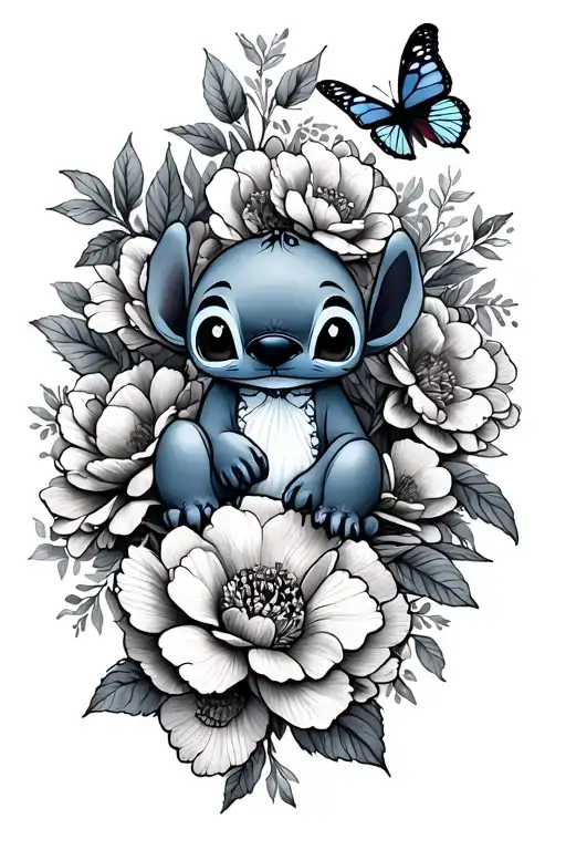 Little Stitch And Peonies And Butterfly Resting