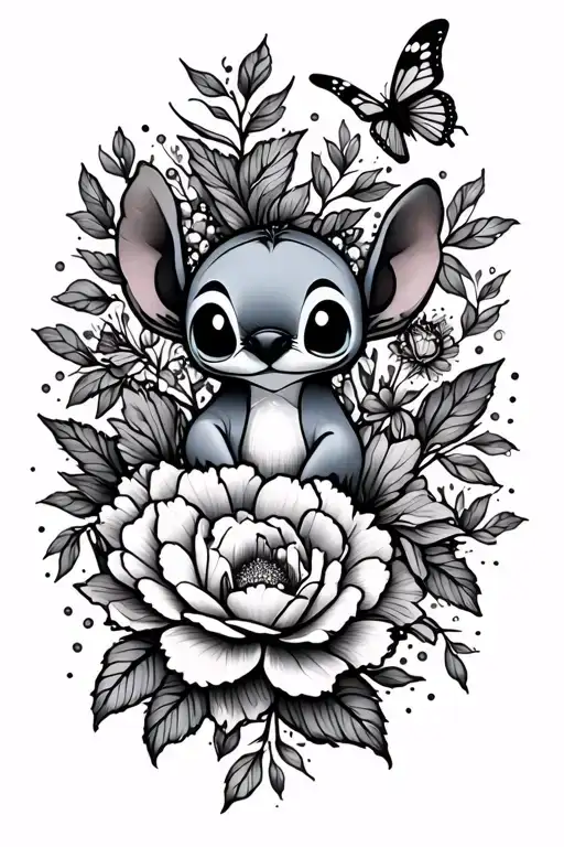 Little Stitch And Peonies And Butterfly And Leafs Surrounded