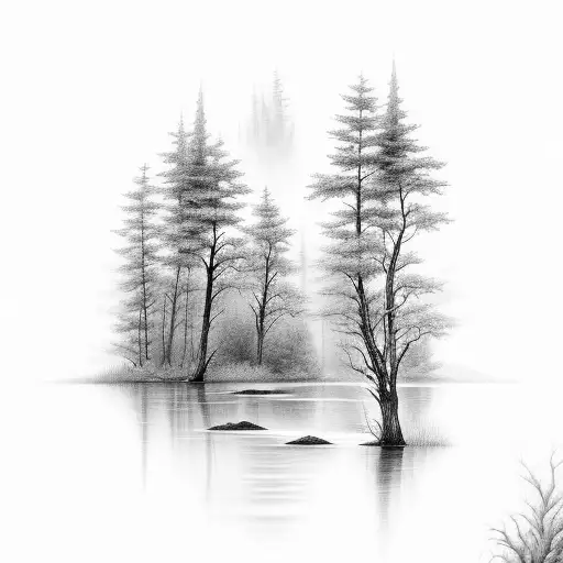 A Detailed Black And Grey Tattoo Of A River Flowing Through A Dense Forest