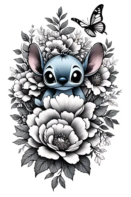 Little Stitch And Peonies And Butterfly And Leafs