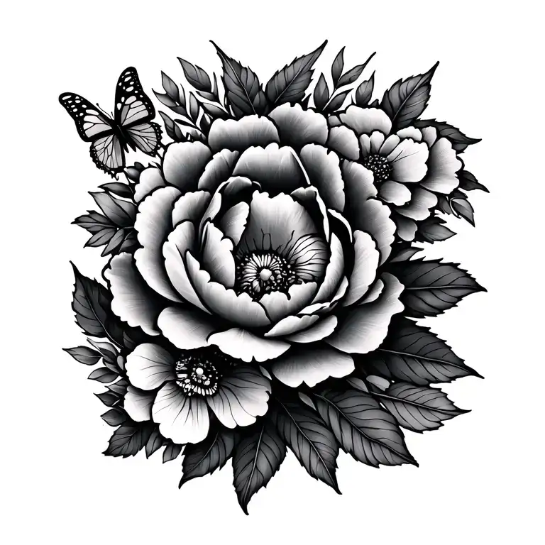 Little Stitch With Peonies And Butterflies And Leafs