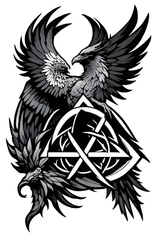 Phoenix Rising With Valknut Symbol Intertwined