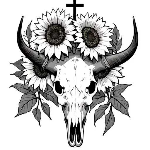 Sunflowers And Cross Intertwined Feminine Western Bull Skull