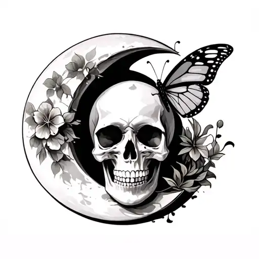 Skull And Moon With Butterfly