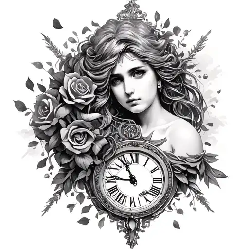 Goddess With Rose Petals In Hair Portrait With Roman Clock Behind