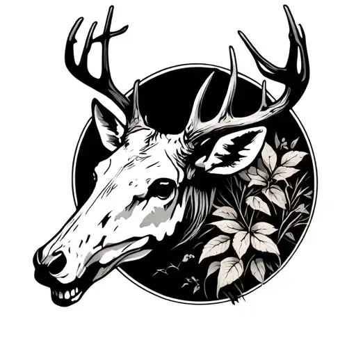 Black And White Tattoo That Goes From Your Hand To Your Forearm With Deer Skull And Nature