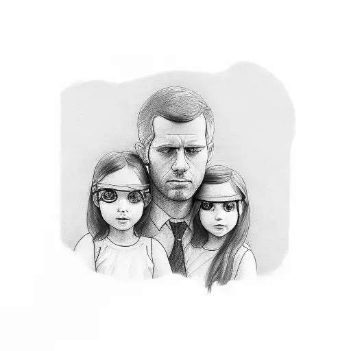 A Minimalist Sketch Of A Father And His Three Daughters