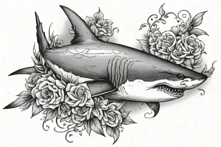 Great White Shark With Flowers Going