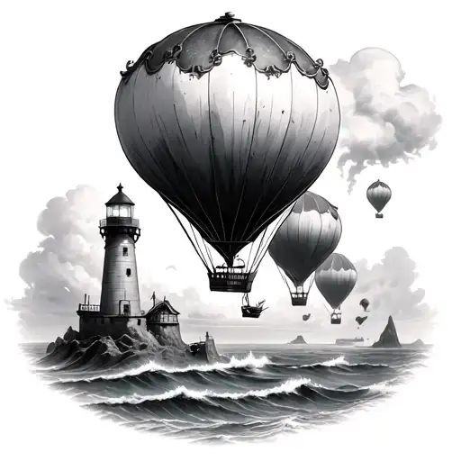 Steam Punk Hot Air Balloons Flying By Light House Over Ocean