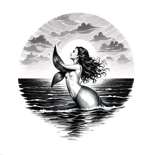 Mermaid Looking Horizon And A Sunset Far Away