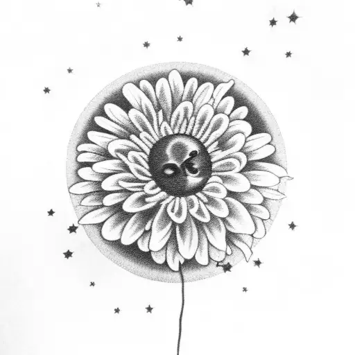 Waning Gibbous Moon Surrounded By Chrysanthemums