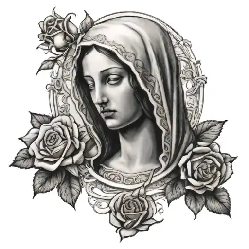 The Virgin Mary With 3 Roses And A Cross Of Jesus