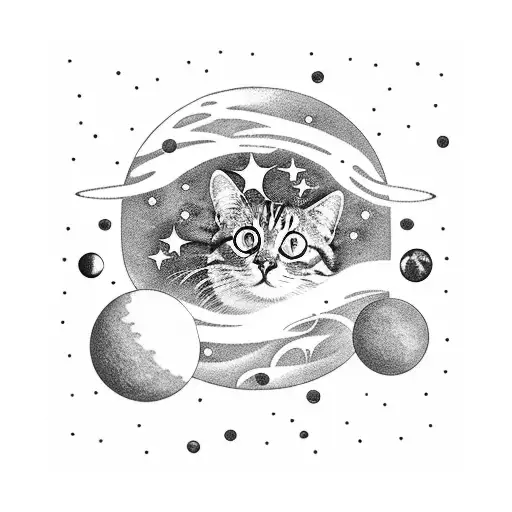 A Minimalist Tattoo Of A Cat Floating In Space With Planets In The Background