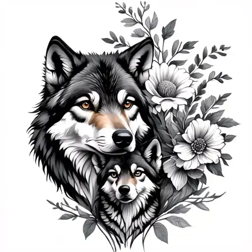 Mother Wolf With Her Cub And Flowers