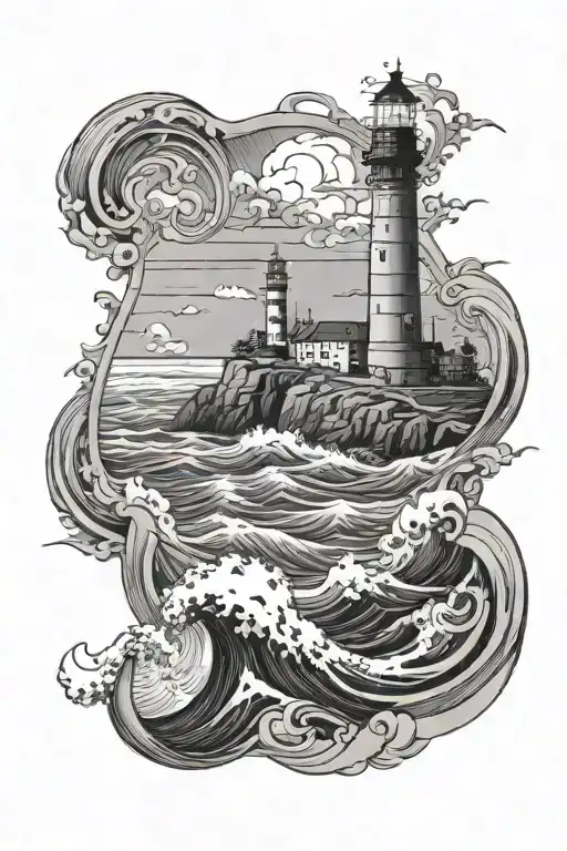 Lighthouse On A Cliff With Ships In The Water Waves