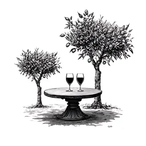 A Round Garden Table With Two Wine Glasses On It Next To An Olive Tree