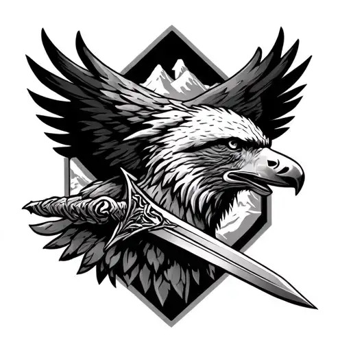 Eagle Pierces The Wolf Sword Against The Background Of The Mountains
