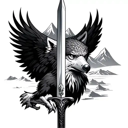 Eagle Pierces The Wolf Sword Against The Background Of The Mountains