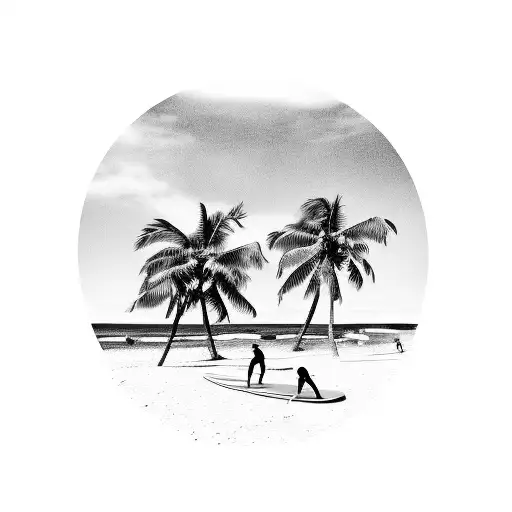 A Beach Landscape With Palm Trees And Surfboards