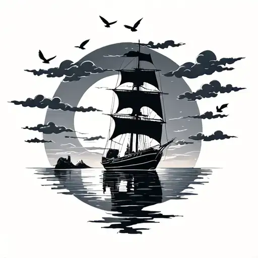 Ghibli Sailboat Towards Sunset Through A Storm Of Aves And Clouds