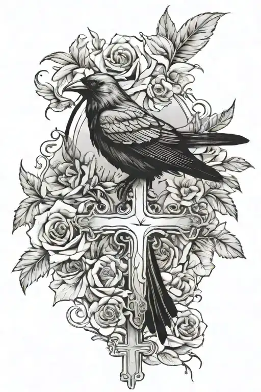 Cross With Raven And Dove And Flowers