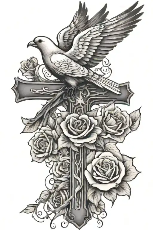 Cross With Dove And Raven And Roses