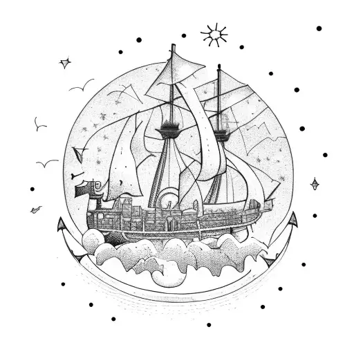 An Intricate Design Of A Pirate Ship Sailing Under A Night Sky With Shooting Stars