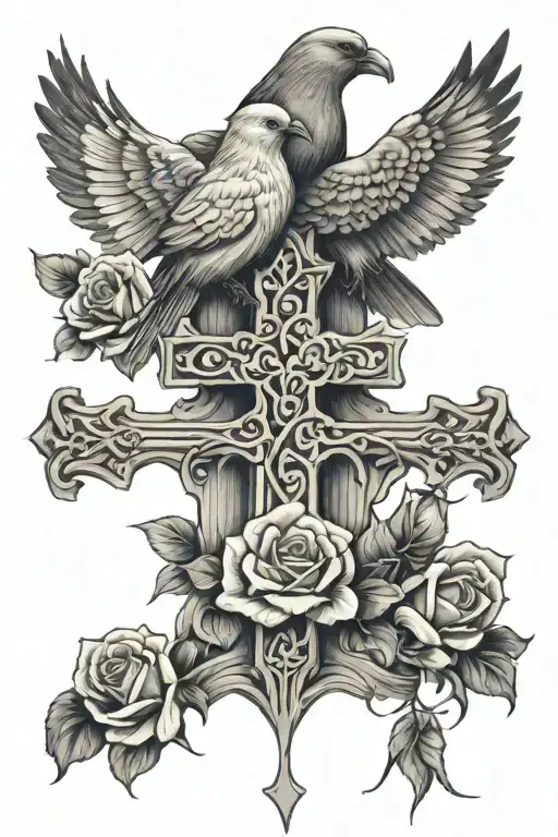 Doves And Raven Perched On Cross With Roses