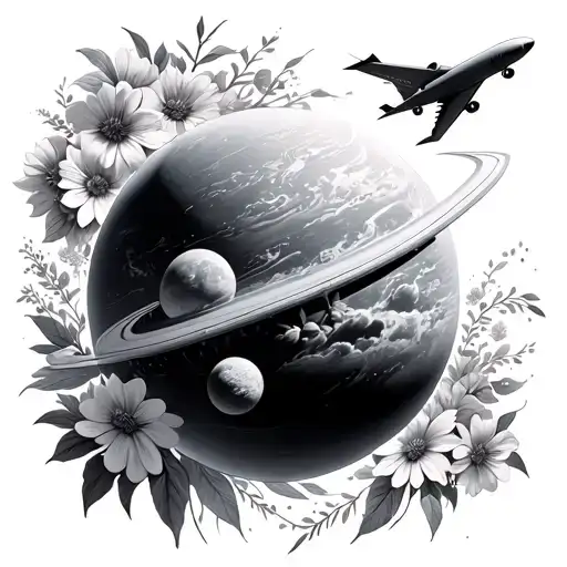 Planet Surrounded By Flowers With A Plane Going Around It