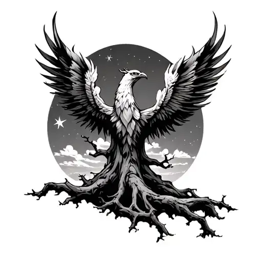 Tree With Three Strong Limbs With A Phoenix In The Tree And Star In Background Sky
