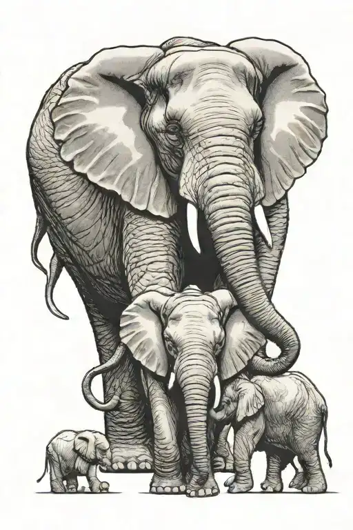 Mother Elephant With Two Baby Elephants Holding Trunks In Front