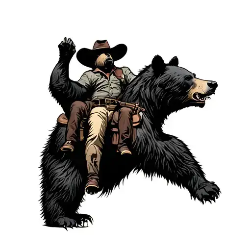 A Growling Black Bear With A Cowboy Riding On It's Back Tattoo With One Arm Up