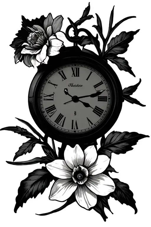 Broken Clock With The Birth Flowers Nelke Narcissus Rittersp