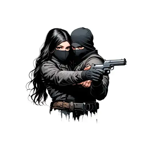 A Girl And A Guy In A Balaclava Hug And Hold Pistols At Arm's Length