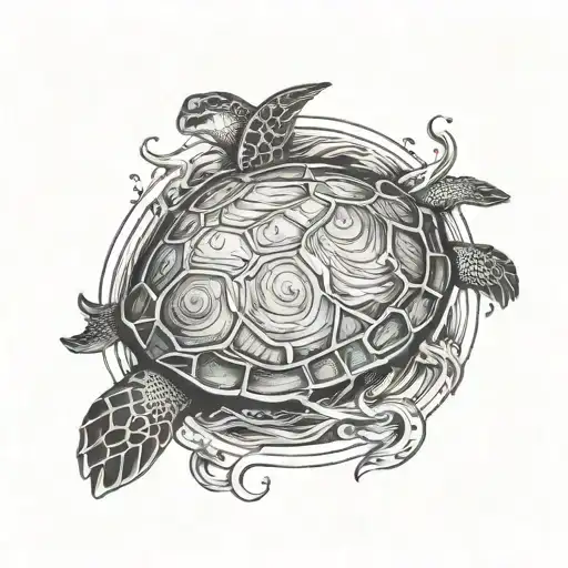 A Peaceful Turtle Swimming In The Deep Ocean Surrounded By Various Sea Animals