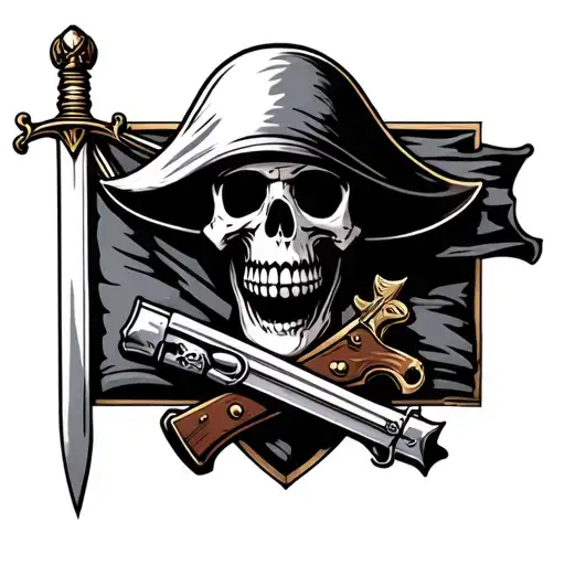 Pirate Skull With Sword And Gun And Pirate Flag