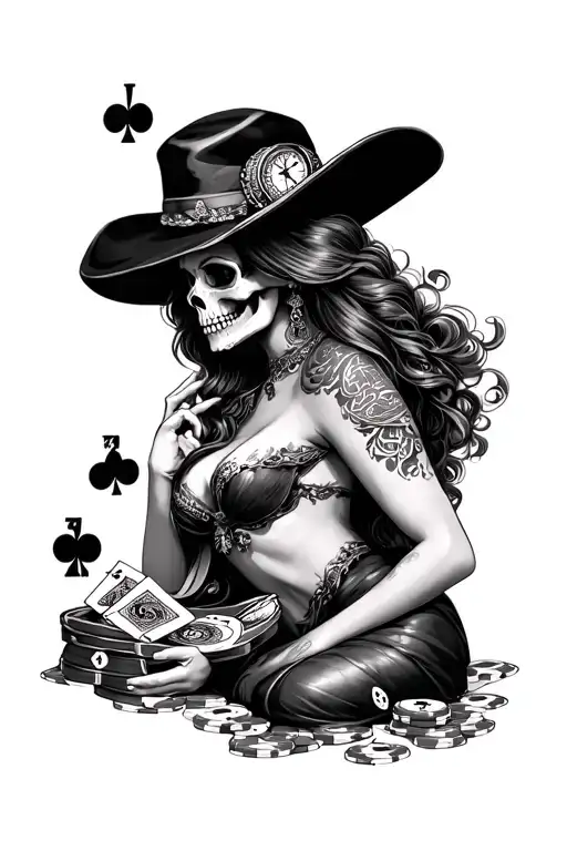 Skull And Watch And Gambling Themed Tattooand A Lady With A Set Of Card In The Bagground