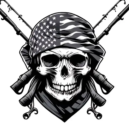 Skull With American Flag Bandana And Fishing Poles