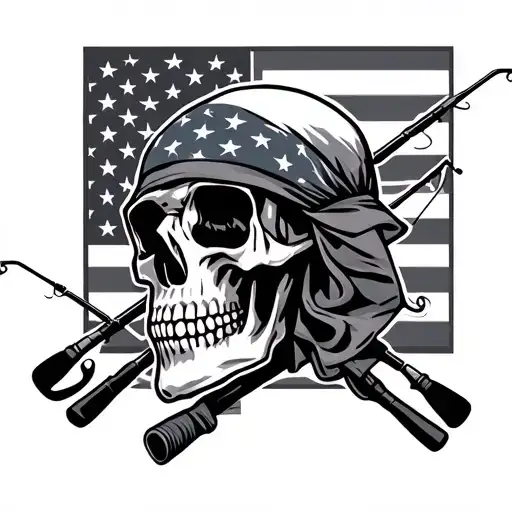 Skull With American Flag Bandana And Fishing Poles
