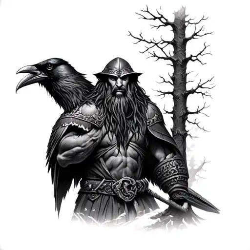 Viking With Raven And Trees