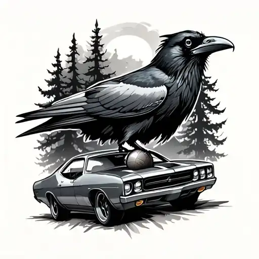 Raven And Trees With Rugby Ball And Cars Parts