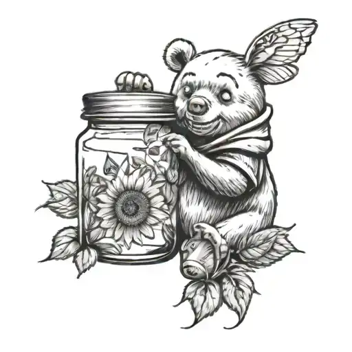 Honey Jar With Sunflowers And Roses Being Held By Winnie The Pooh Bear
