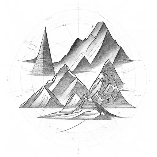 Sketch-style Tattoo Of An Engineer's Blueprint With A Mountain Range As The Backdrop