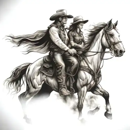 Cowboy And Cowgirl Riding Into The Sunset