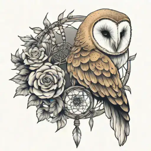 Barn Owl Sat In A Dreamcatcher With Flowers Intertwined
