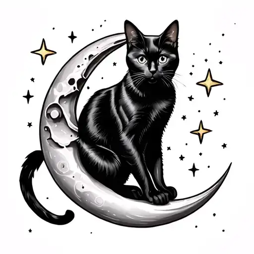 Black Cat On A Moon Surrounded By Stars